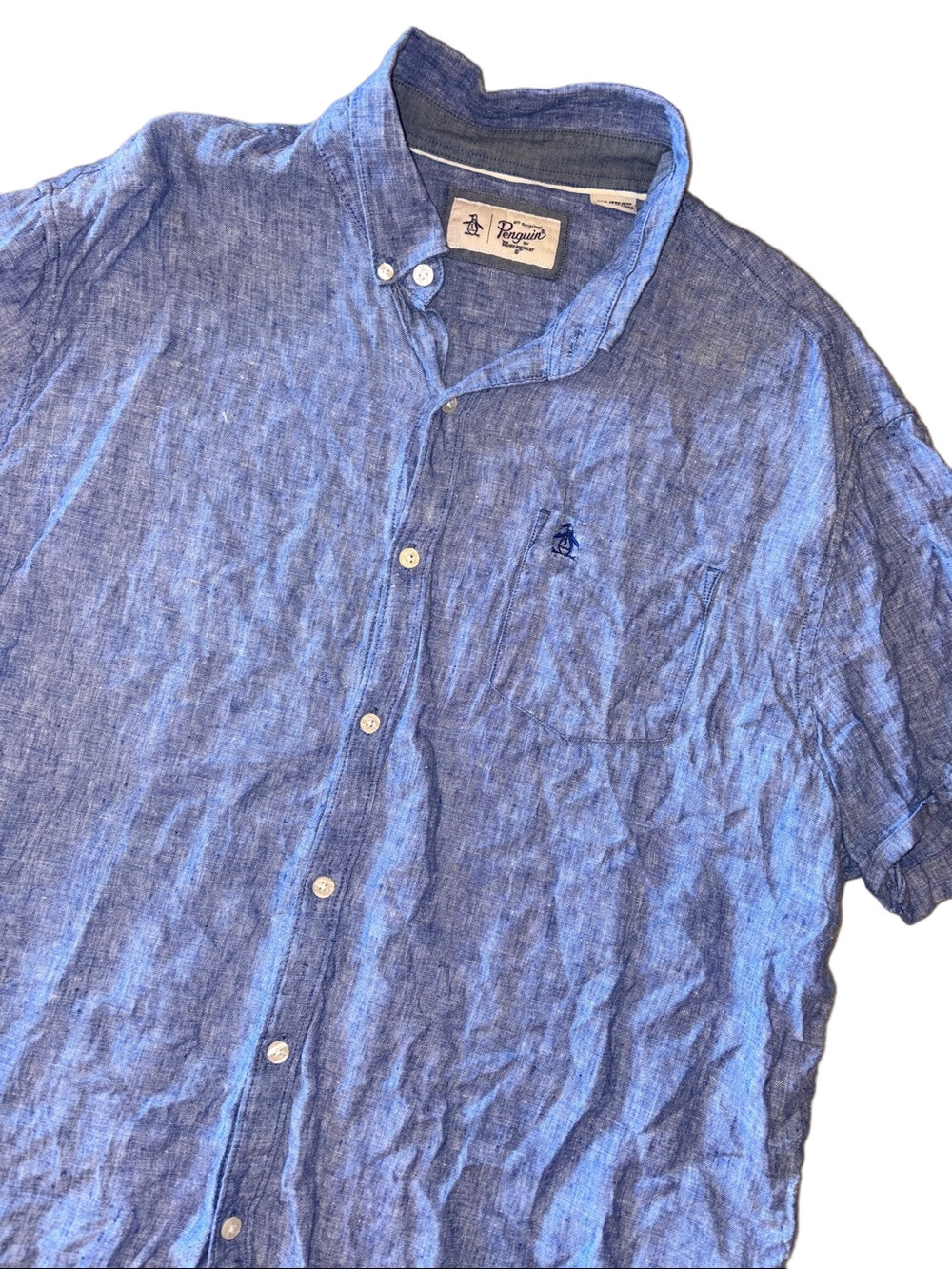 Original Penguin Mens XXL Blue Linen Short Sleeve Shirt